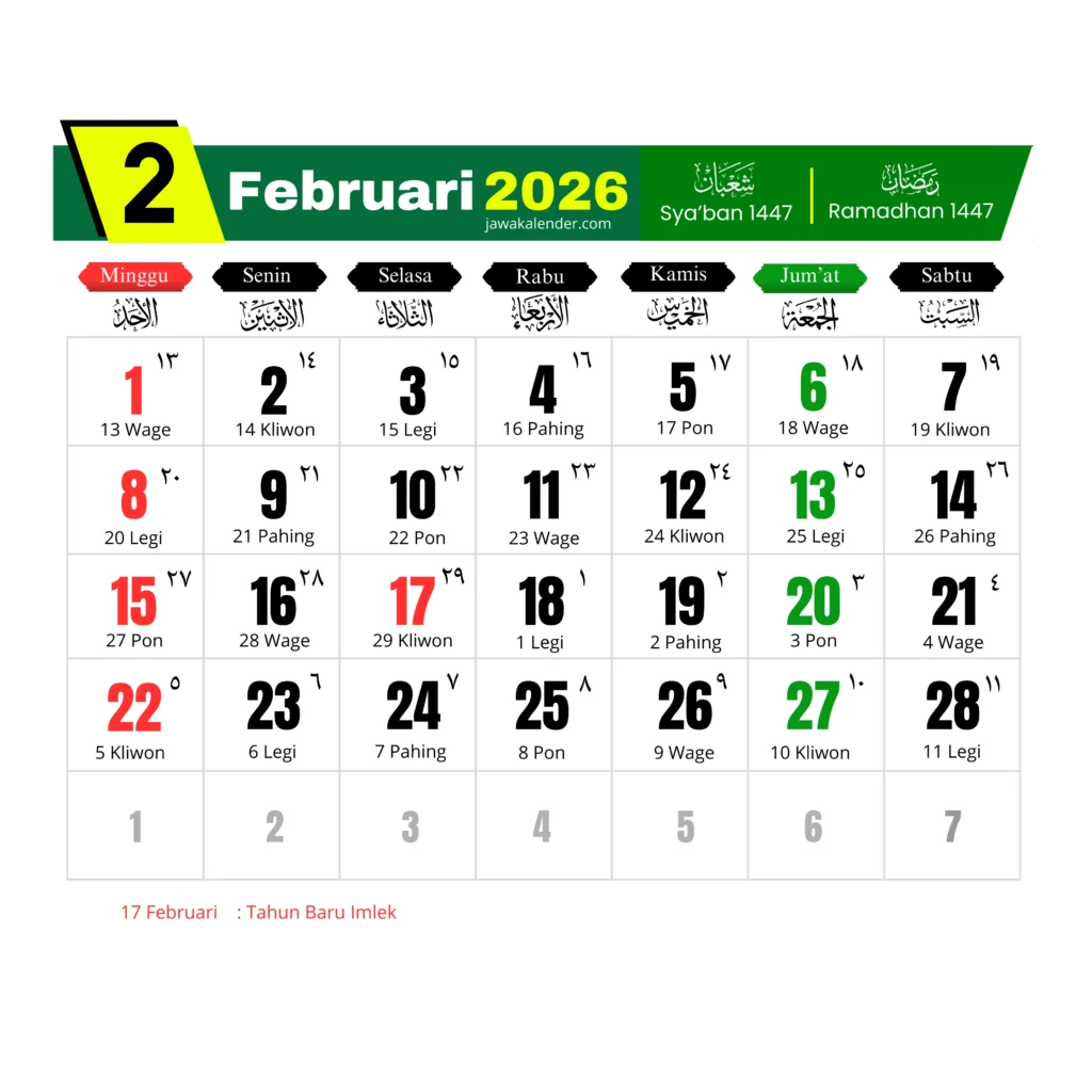 Februari 2026 Kalender Jawa